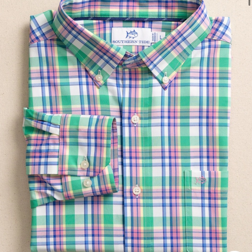Southern Tide Green and Blue Casual Button Down Shirt